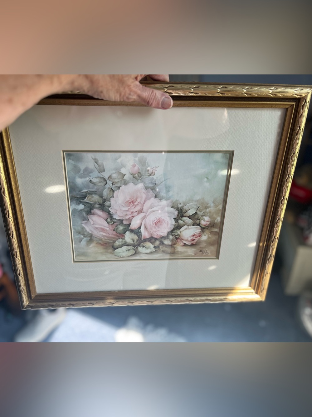 Framed Sanie Ames Floral Art Print  Gold frame w/glass - Pink Roses 18 x 14.5